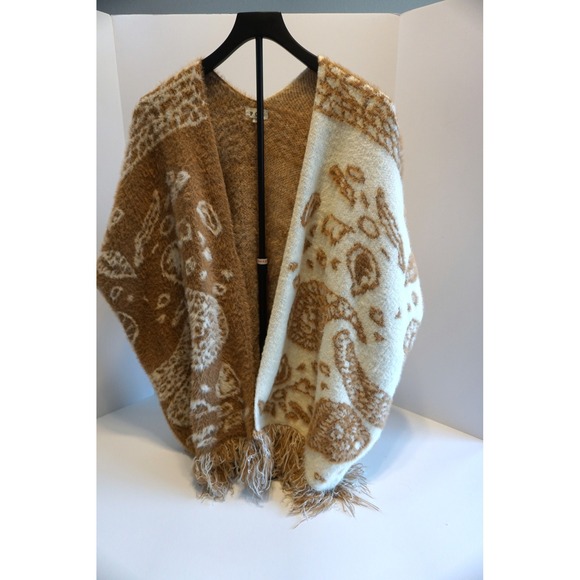 POL Sweaters - POL Paisley Fuzzy Knit Fringe Poncho Wrap Camel Cream GST317 Womens Small
